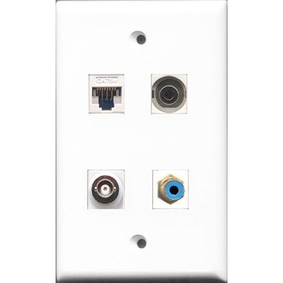 RiteAV - 1 Port RCA Blue and 1 Port 3.5mm and 1 Port BNC and 1 Port Cat5e Ethernet White Wall Plate
