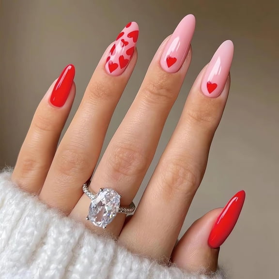 Almond Heart Press on Nails Glossy Pink Fake Nails Medium Length Acrylic False Nails with Red Small Hearts Design Reusable Artificial Nails Press ons Valentines Glue on Nails for Women 24Pcs 28