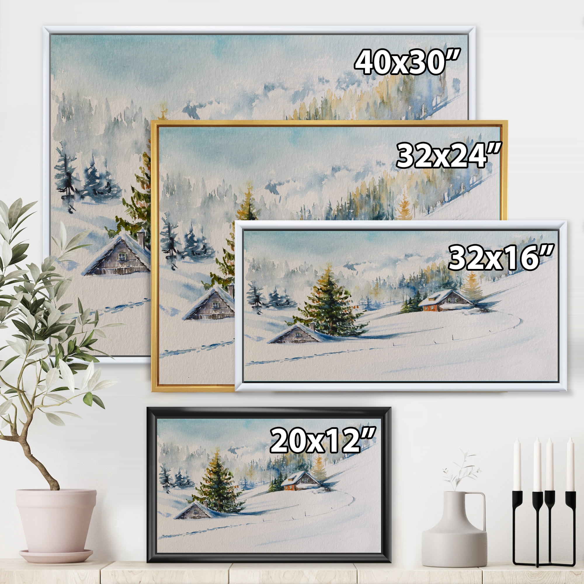 Designart 'The Winter Mountains With Little House' Traditional Framed Canvas Wall Art Print