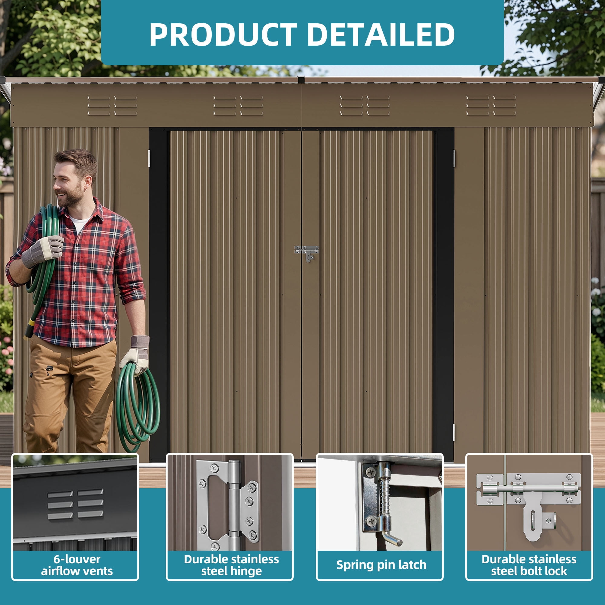 Uforic Large Outdoor Storage Shed, 9x4ft Heavy Duty Metal Tool Shed with Lockable Doors and Air Vents, for Bikes Tools Lawnmowers Backyard Patio Lawn, Brown