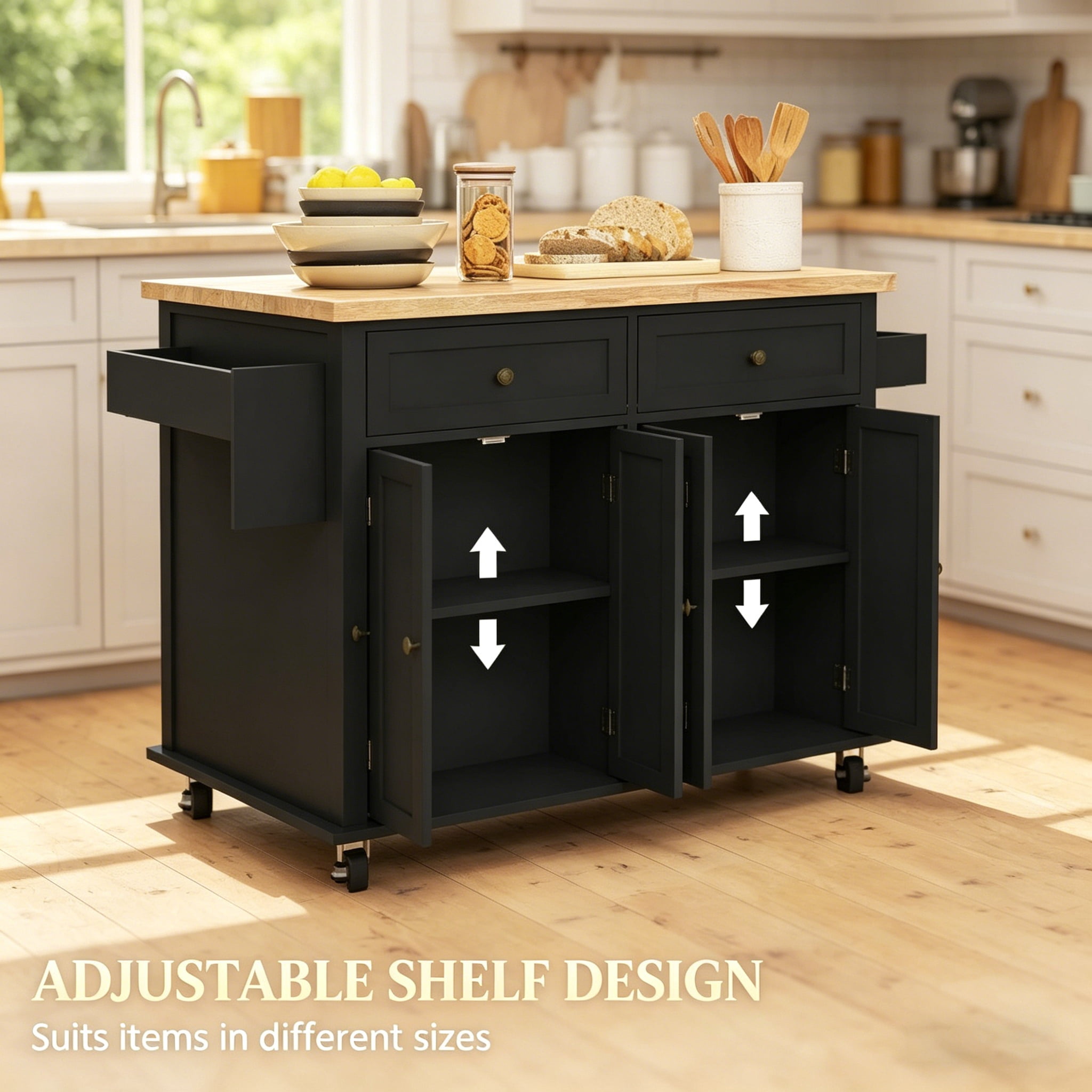 Kitchen Island Cart, 43.75" W Rolling Kitchen Storage Cabinet with 2 Drawers, Adjustable Shelf Cabinets, Towel Bar & Spice Rack, Rubberwood Tabletop, Mobile Casters