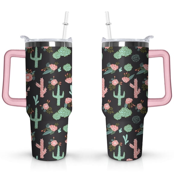 40oz Watercolor Cactus Succulents Stainless Steel Flip Straw Tumbler Spill Proof Travel Cup Double Wall Vacuum Insulated Coffee Mug with Top Handle
