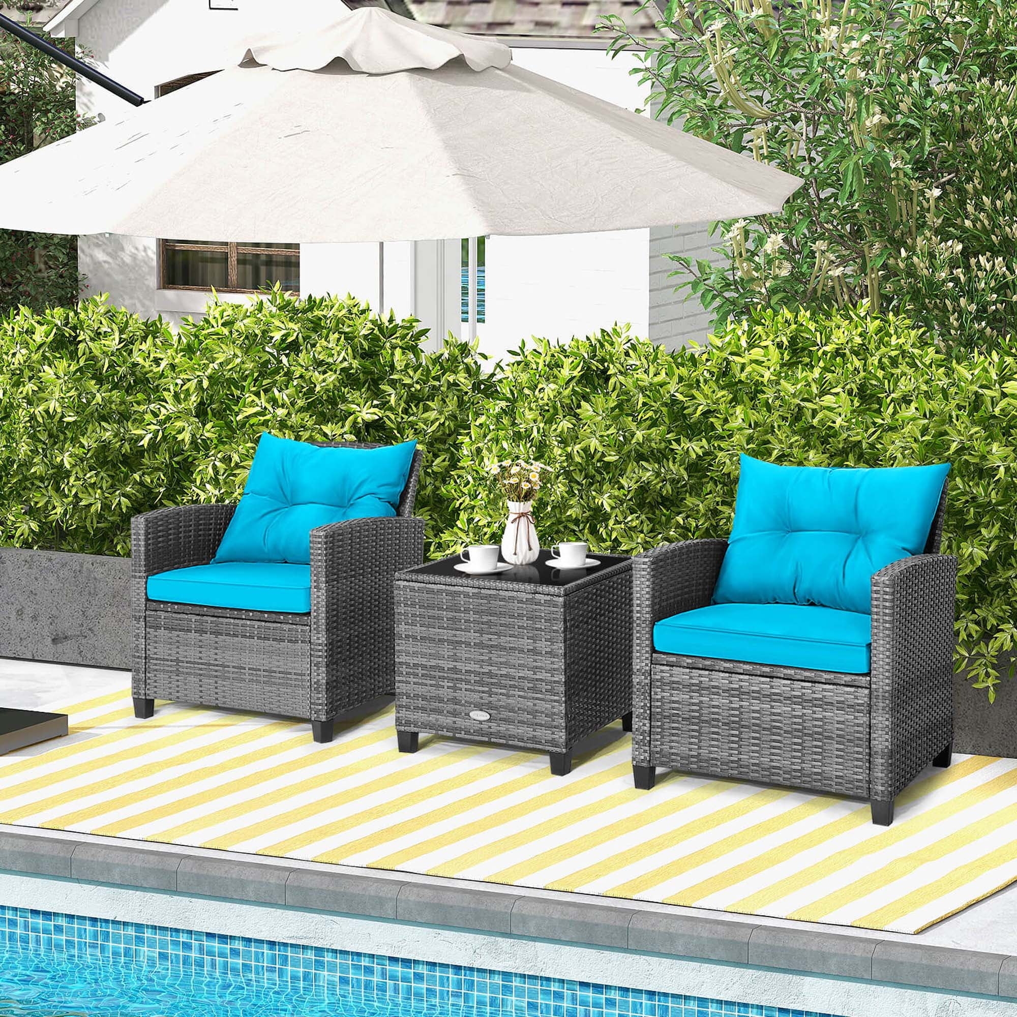 Costway 3-Piece Rattan Outdoor Patio Dining Set with Side Table Armrest, Gray/Turquoise