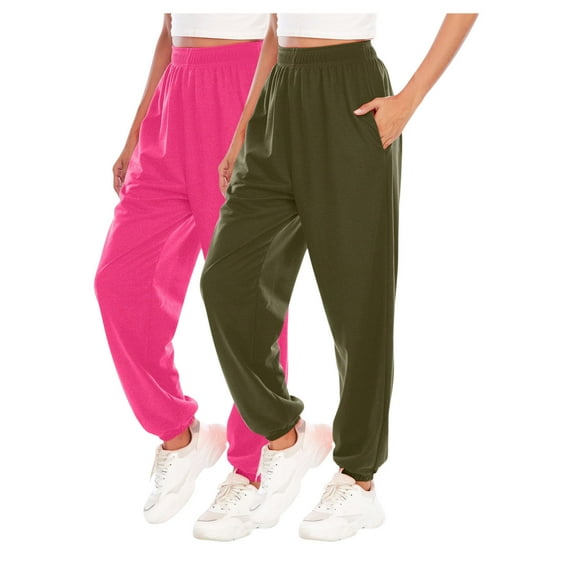 Makaor Joggers for Women with Pockets 2 Pack Solid Baggy Loose Sweatpants with Elastic Waist Army Green S