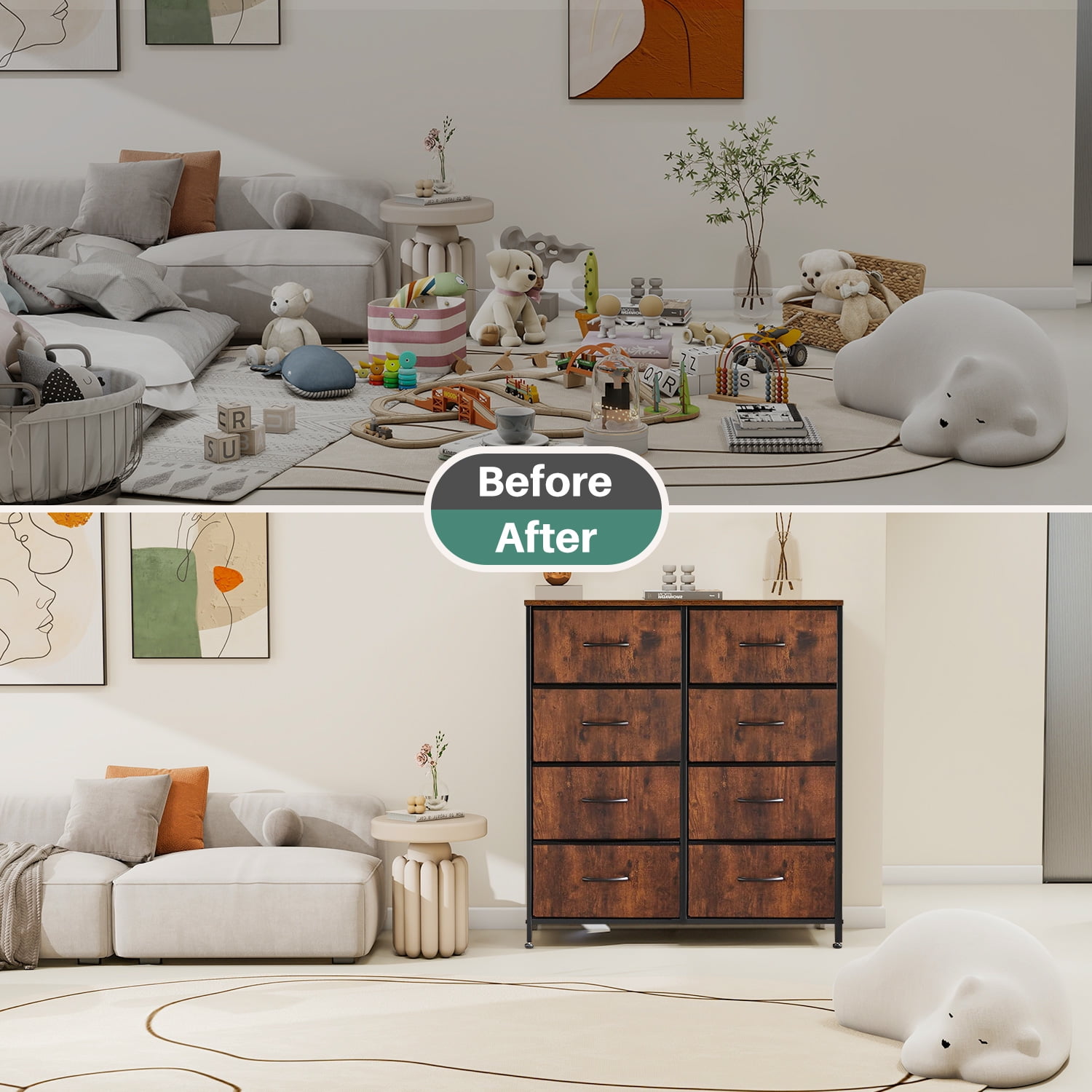 TINKLE WELL 8 Drawers Dresser for Bedroom with Metal Frame, Wood Tabletop, Storage Chest Drawers, Rust