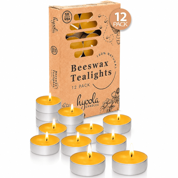 Hyoola 4.5 Hour Natural Yellow Beeswax Tealight Candles in Aluminum Cups, Unscented Tea Lights for Home Décor, Weddings, Events, Shabbos, Holidays, and Everyday Use, 12 Pack