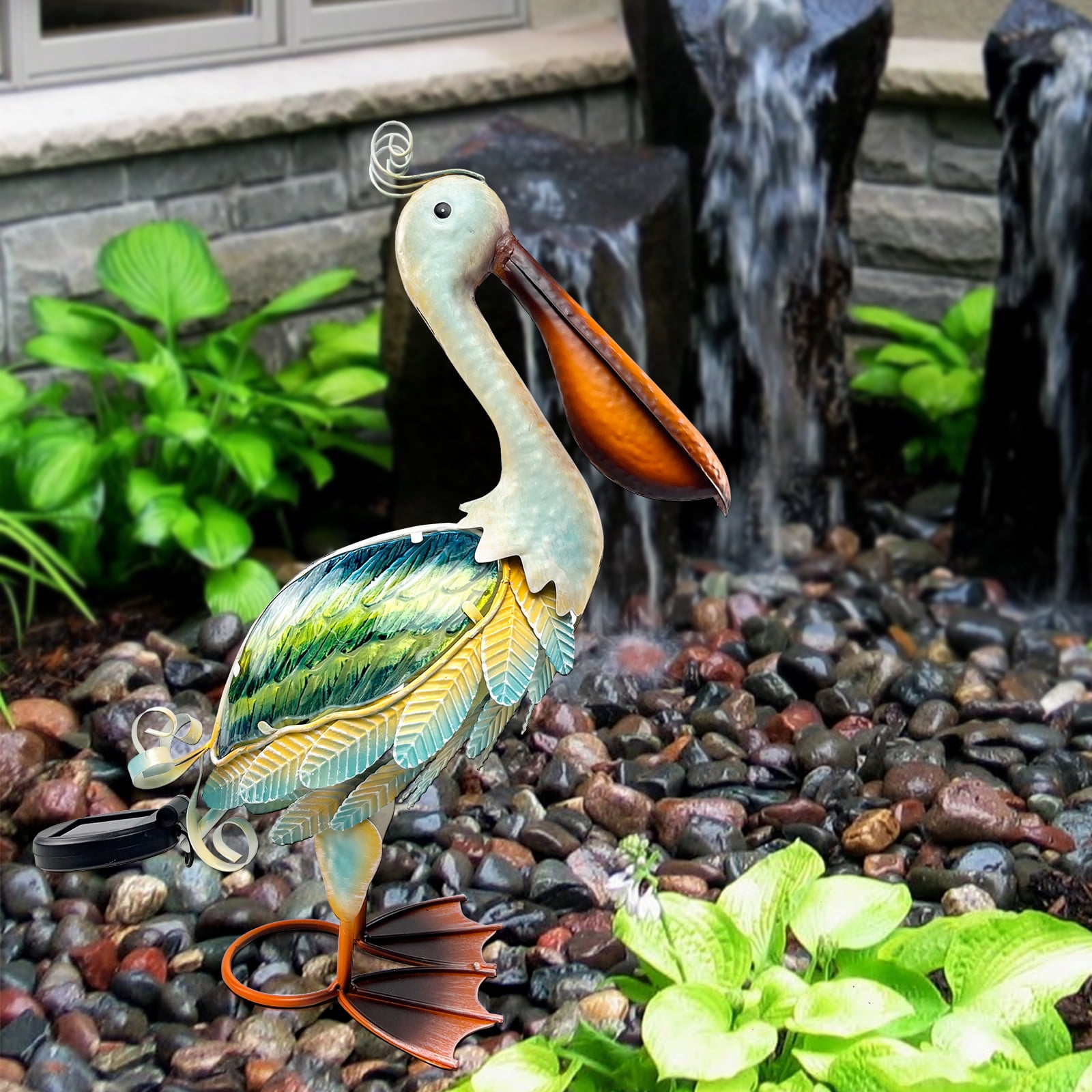 HONGLAND Solar Metal Pelican Garden Statue, 3D Glass Outdoor Pelican Yard Art for Porch Patio,Easy Assemble-19 inch
