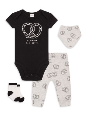 PL Baby Newborn Boy Short Sleeve Bodysuit, Pant, Bib & Socks, 4pc Outfit Set