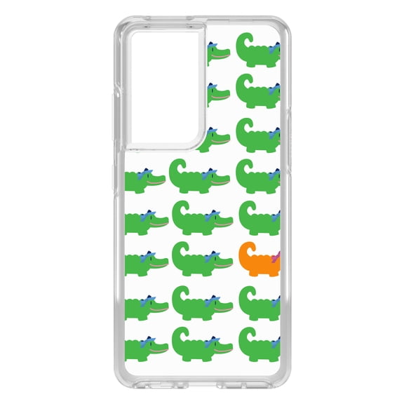 DistinctInk Clear Shockproof Hybrid Case for Galaxy S21 ULTRA 5G (6.8" Screen) - TPU Bumper, Acrylic Back, Tempered Glass Screen Protector - Green Orange Blue Alligator Gator - Cartoon Alligators