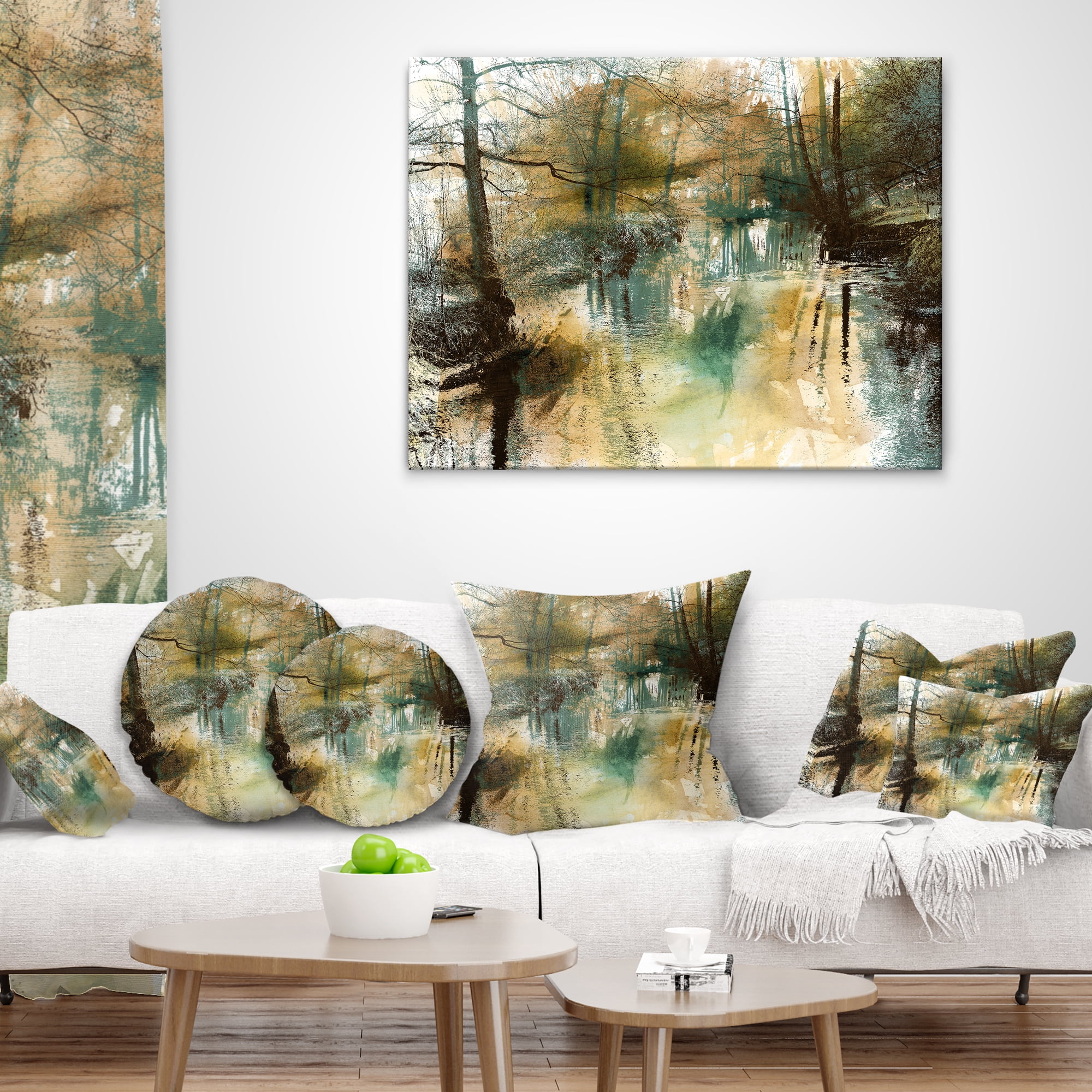 Designart River and Trees Oil Painting - Landscape Painting Throw Pillow - 12x20