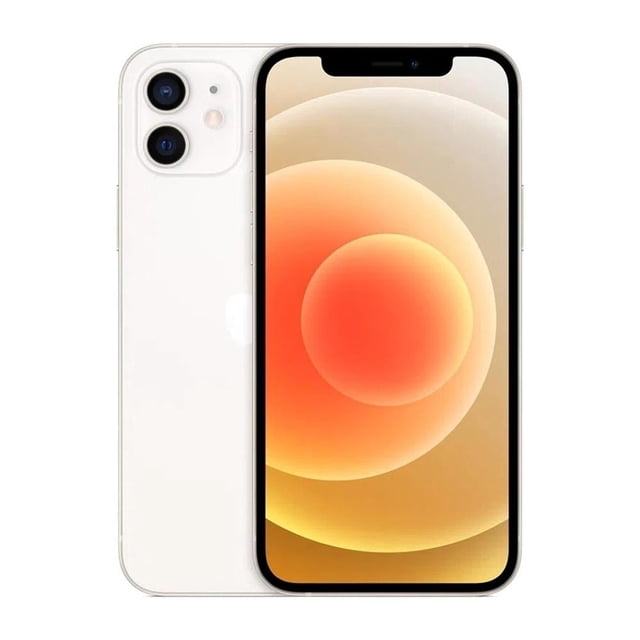 smartphone apple iphone 12 mini 128gb blanco reacondicionado, vista frontal y trasera centrada: pantalla de 5.4 pulgadas encendida con notch, bordes rectos, doble cámara trasera en módulo cuadrado y acabado blanco; reacondicionado grado A con batería >70%, incluye cargador y cable certificado (sin audífonos), procesador A14 Bionic e iOS; a menudo usado como teléfono secundario de viaje.