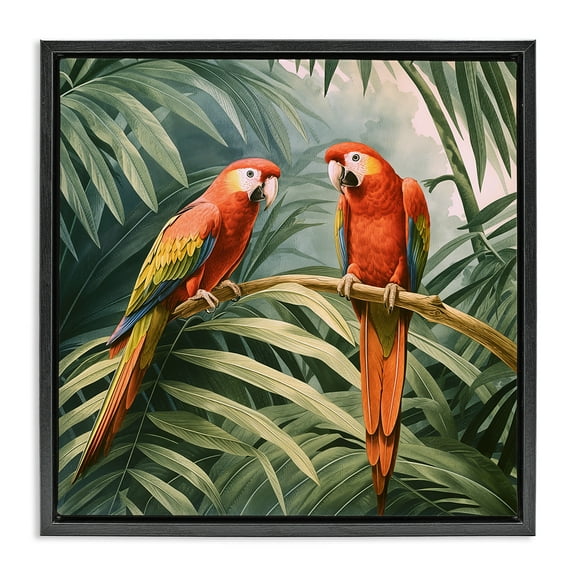 Stupell Industries Parrot Duo in Rainforest Animals Painting Black Floater Framed Canvas Art Print Wall Art, 18 x 18