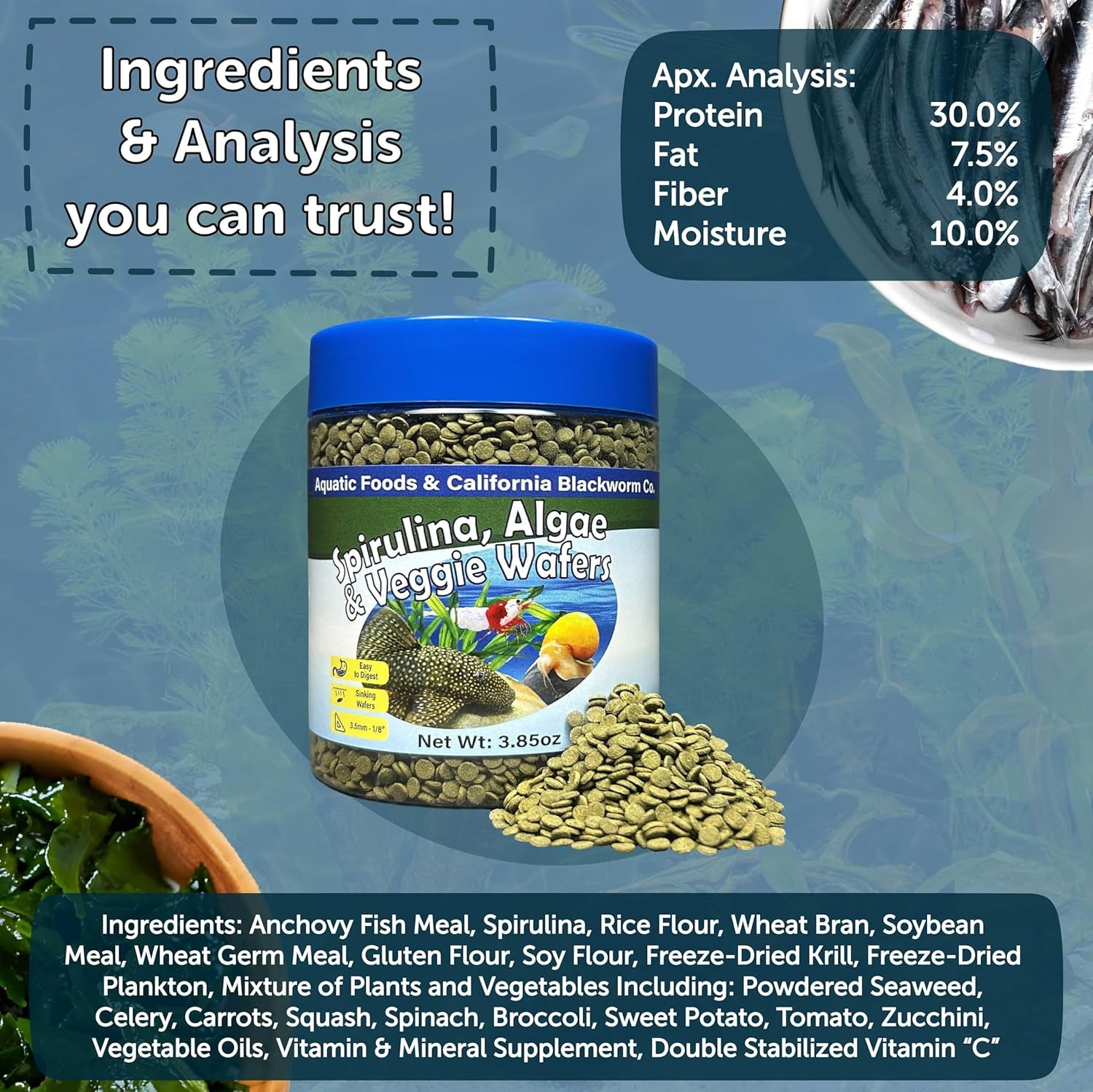 8mm - 1/3" Sinking Wafers of Spirulina, Algae for Plecos, Catfish, Shrimp, Snails & All Tropical Fish. Wafer & Pellet Mix Included 14oz Canister