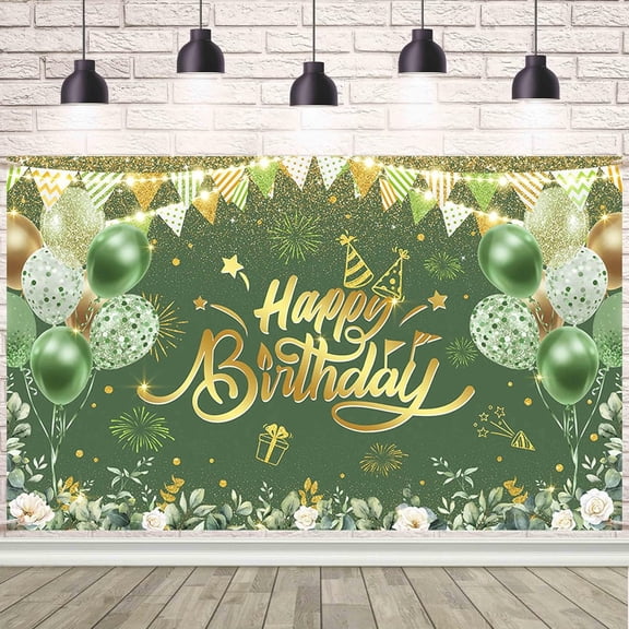 Green Happy Birthday Background Green Eucalyptus Tree Birthday Banner Green Gold Party Decoration Birthday Party Supplies Background