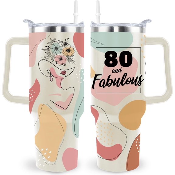 80th Birthday Gifts for Women 80 & Fabulous Boho Bohemian Birthday Gift Ideas for Daughter Wife Mom Grandma 40oz Tumbler Cup With Handle, Beige