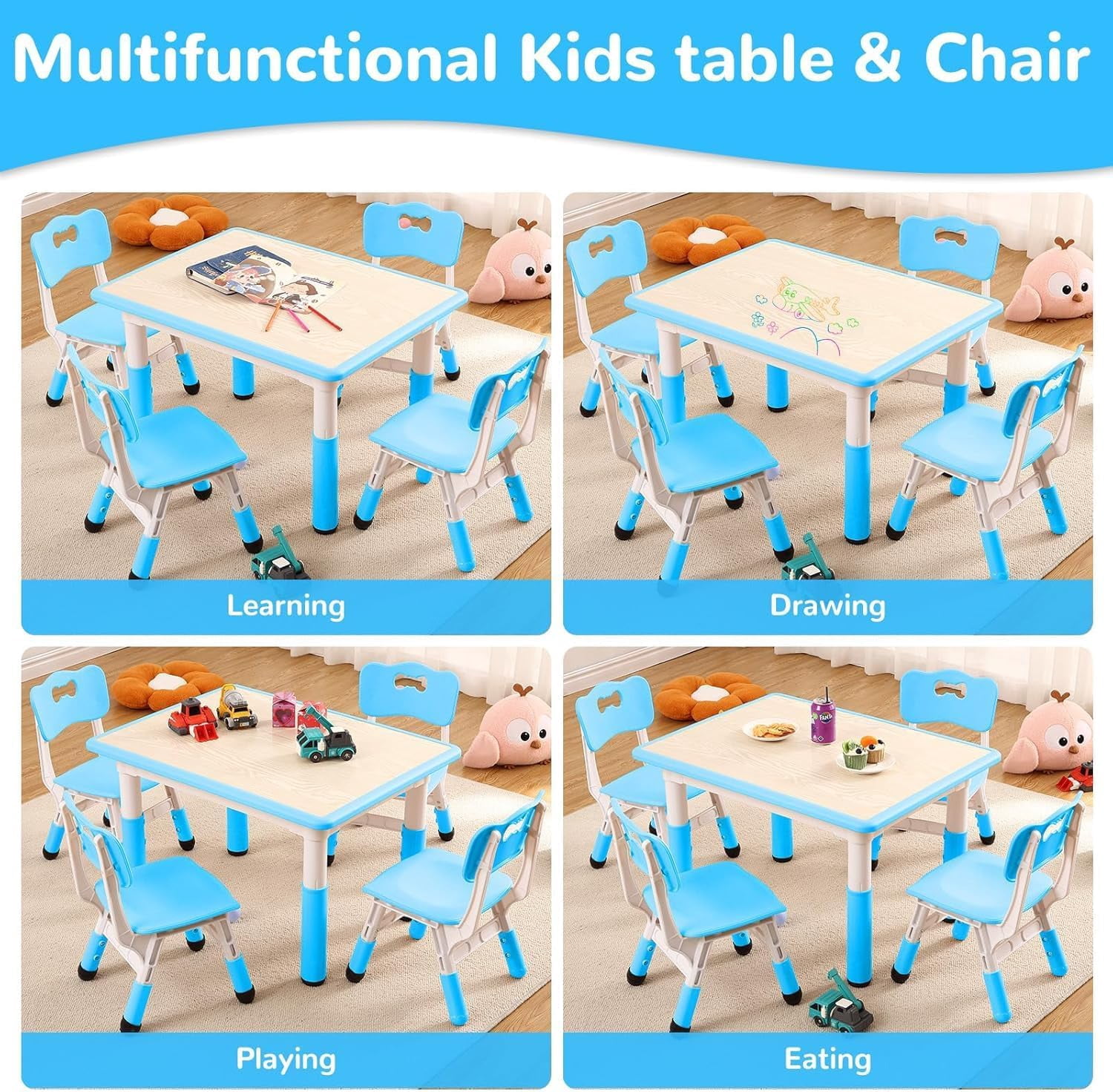 Height Adjustable Kids Table and 6 Chair Set - Multifunctional Desk with Ergonomically Designed Chairs, Supports Up to 300 lbs, Ideal for Ages 2-10 in Classrooms, Daycares, and Home Use