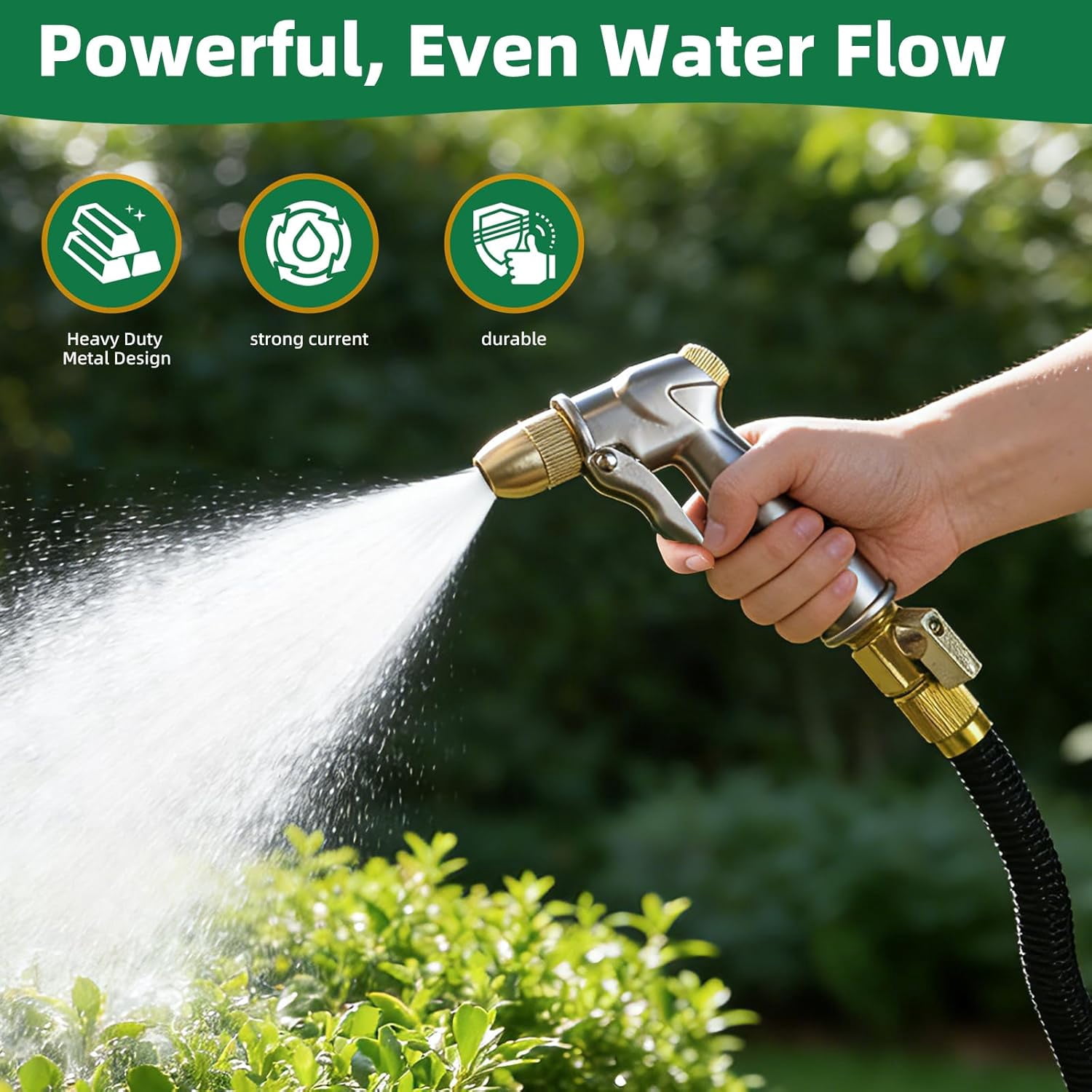 FANHAO Garden Hose Nozzle Hand Sprayer, Heavy Duty High Pressure 100% Metal with 4 Adjustable Spray Patterns for Watering Lawn, Garden, Car Washing,Pets & Windows