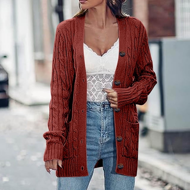 Chaquetas y abrigos casuales sin capucha de manga larga para mujer, cárdigans de punto de color liso, suéteres holgados de manga larga con bolsillos y botones, blusa de poliéster para mujer