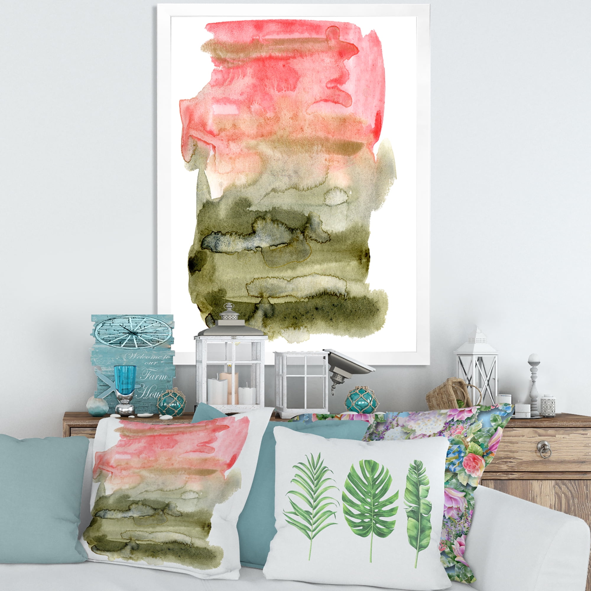 Designart 'Red Pink and Green Abstract Clouds' Modern Framed Art Print
