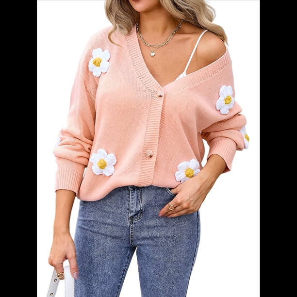 Cárdigan de Punto Acanalado para Mujer, Holgado, con Estampado Floral, Abotonado, de Punto Jacquard. Rosa XL