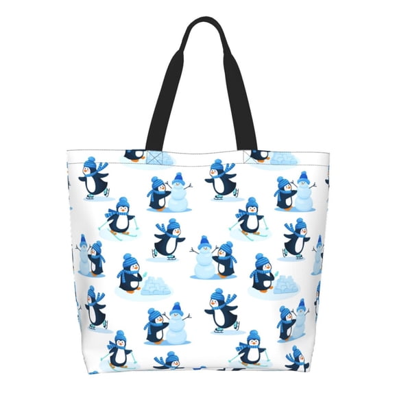 Pofeuu Penguin Winter Fun Print Reusable Grocery Bags - Washable, Foldable, Packable Tote, Large Handles, Heavy Duty, Zippered Top Pouch