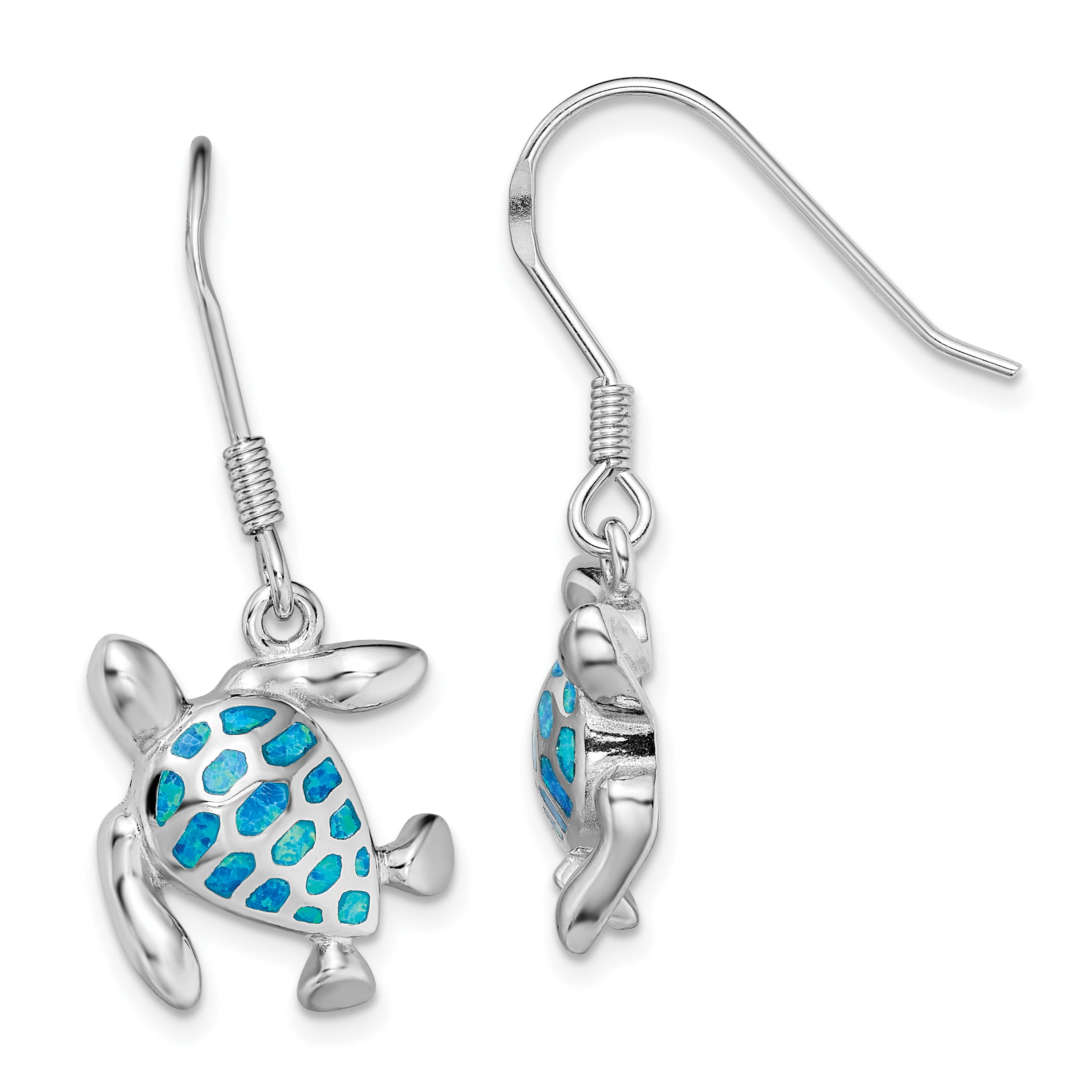 Genuine .925 Sterling Silver Synthetic Blue Opal Turtle Earrings On French Wires