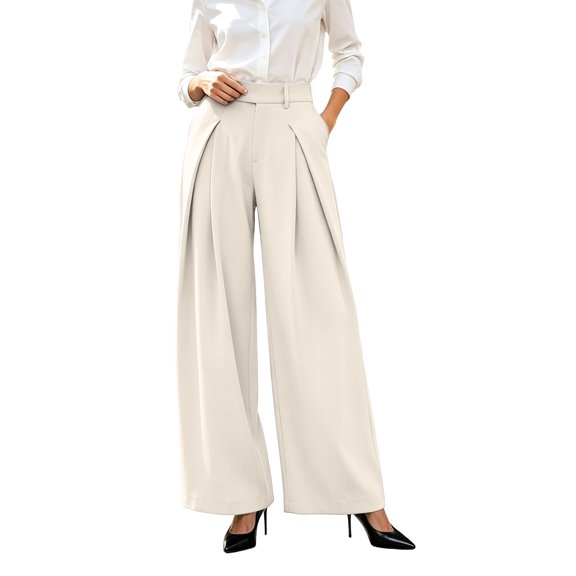 Achuyrbd Women's High Waisted Wide Leg Pants Button Front with Pockets Solid Color Business Casual Office Trousers Professional Work Wear, S-2XL
