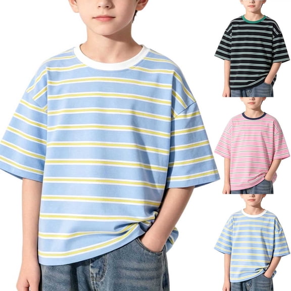 Big Boys Fashion Summer Cotton Oversize Shirt Size 3-15Y Loose Fit Crewneck Classic Striped T-Shirt for Golf School Travel and Casual Blue 14-15 Years