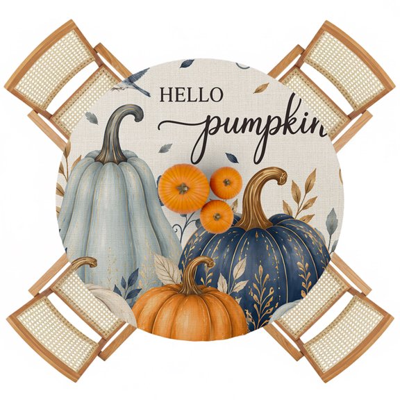 Thanksgiving Autumn Pumpkin Round Fitted Tablecloth with Elastic Edge,Waterproof Table Cloth Fits 36"-44" Tables,Wipeable Table Cover for Indoor Outdoor Dinning Party,Fall Leaves Bird Farm Linen