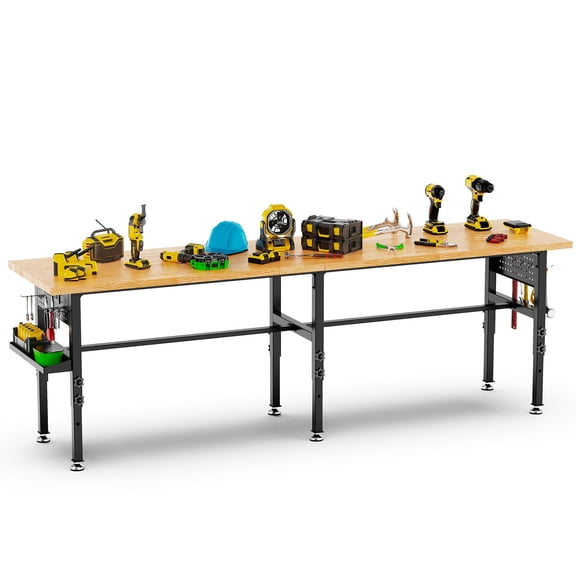 S-HOME 96 Inch Adjustable Workbench With Solid Wood Top, 2000 Pounds Capacity, Garage Work Table, Power Outlet Included