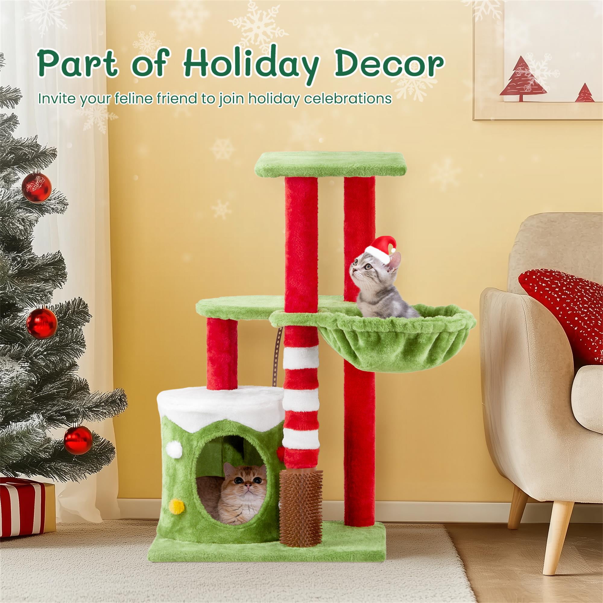 Kadyn 32" Cat Tree with Cat Massage Brush, Cat Tower with Sisal-Covered Scratching Post, Cat Condo and Hammock, for Small Spaces, Kittens, Green