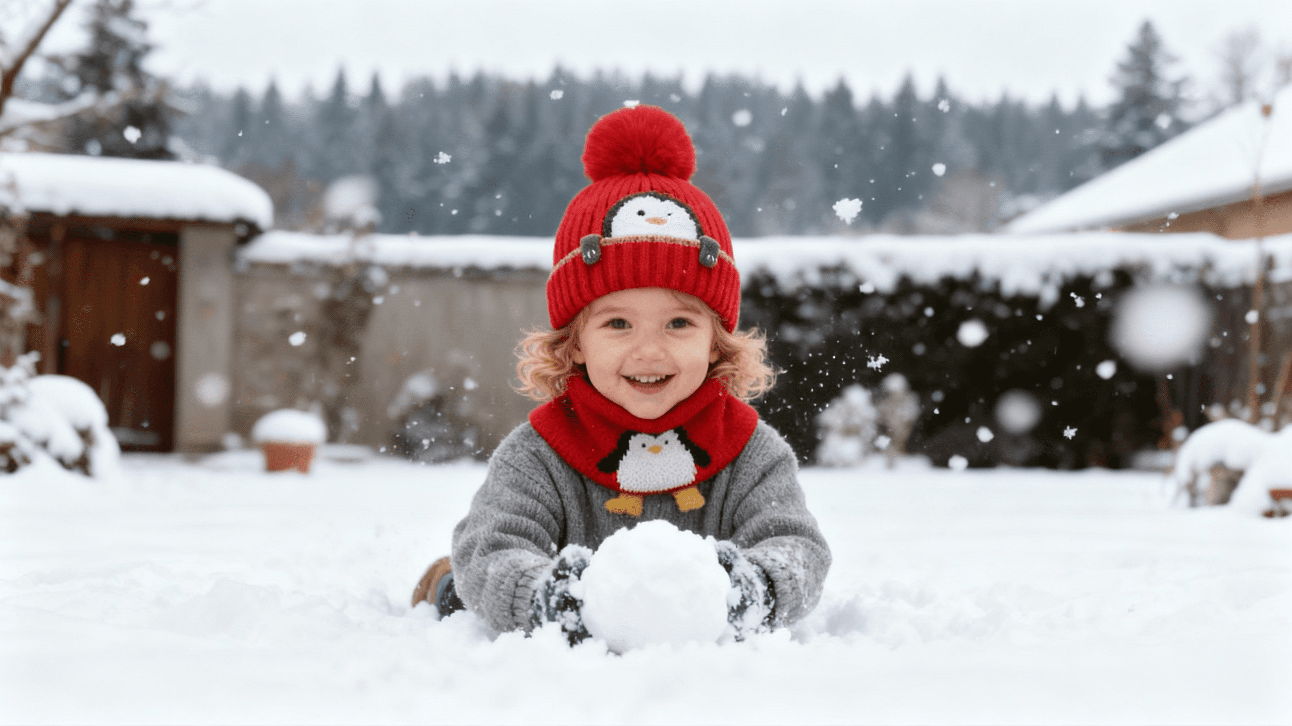Baby Kids Winter Warm Hats, Infant Toddler Children Pom Pom Beanie Knit Cap Girls Boys-2 piece