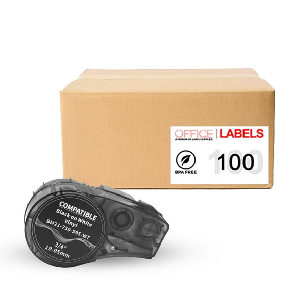 100 Pack of M21750595WT Black on White Compatible Tape for Brady 3/4" (18mm x 21')