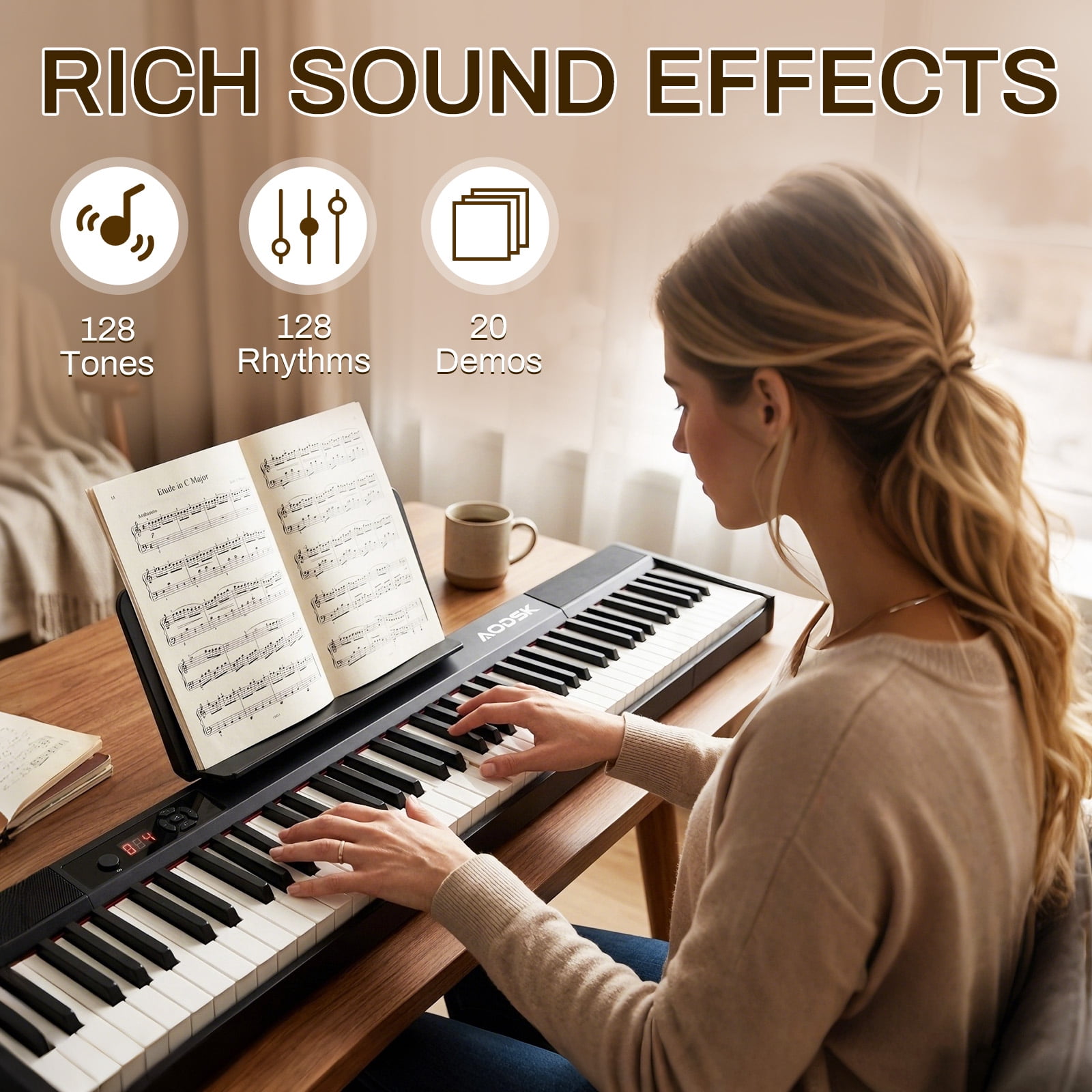 Aodsk 88 Key Portable Digital Piano for Beginners,128 Tone,128 Rhythm, 20 Demo Song, with Sustain Pedal, Carrying Case, Online Piano Lessons