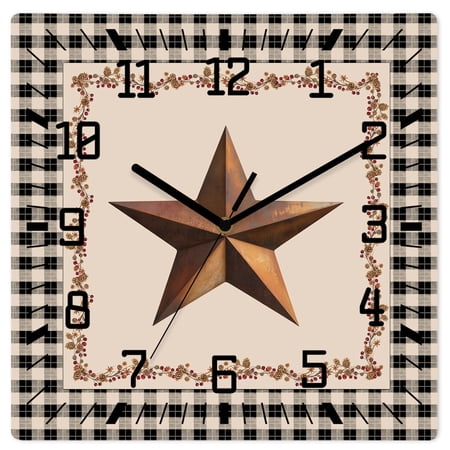 Wall Clock Barn Star Texas Operated Square Clocks Wooden Silent Non-Ticking Wallclock 10 Inch Berry Retro Country Black Plaid Wood Wall Clock for Living Room Bedroom Office Shool Home Decor