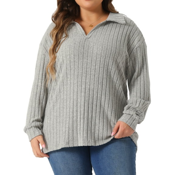 DARING DIVA Women's Plus Size Loose V Neck Long Sleeve Polo 2X Grey