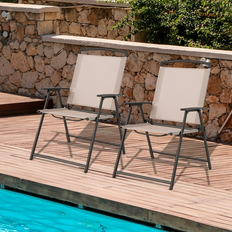 Set of 2 Outdoor buy Patio Steel Sling Folding Chairs, Beige