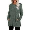 thumbnail image 2 of Women's Crewneck Long Sleeve Sweater with Pockets Side Slit Hem Loose Fit Knit Top Fall Winter Fashion 2025 Casual Comfort Outfits Green M, 2 of 4