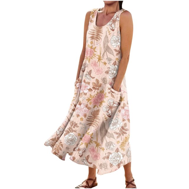 FcBaudy Robe Sans Manches à Col Rond, Robes d'Été pour Femmes, Robes pour Femmes Robe Sans Manches à la Mode pour Femmes et Robe Longue Imprimée en Lin à Col Rond Robe Femme