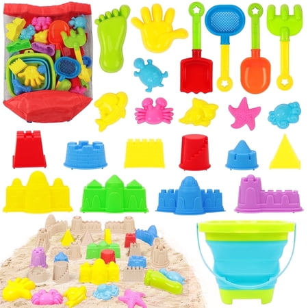 KiddiTouch 24 Pcs Beach Sand Toy Summer Sandbox Toys with Collapsible Plastic Bucket & Mesh Bag 18 Sand Molds Tools for Toddlers Kids Ages 3-12