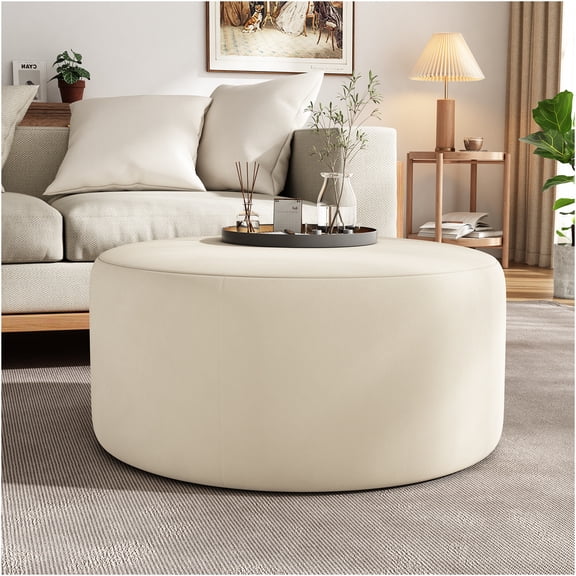 JERFIT Round Velvet Ottoman Pouf for Living Room, Cream Upholstered Footstool, Modern Accent Seating & Stylish Side Table