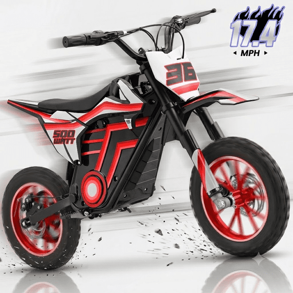 36V Electric Dirt Bike for Kids,IVFJFV 500W Kids Electric Dirt Bike, All Terrain Off-Road E Dirt Bike with Front & Rear Disc Brakes,Dual Speed Mode Max 17.4 MPH,23.6 Miles Long Range,RED