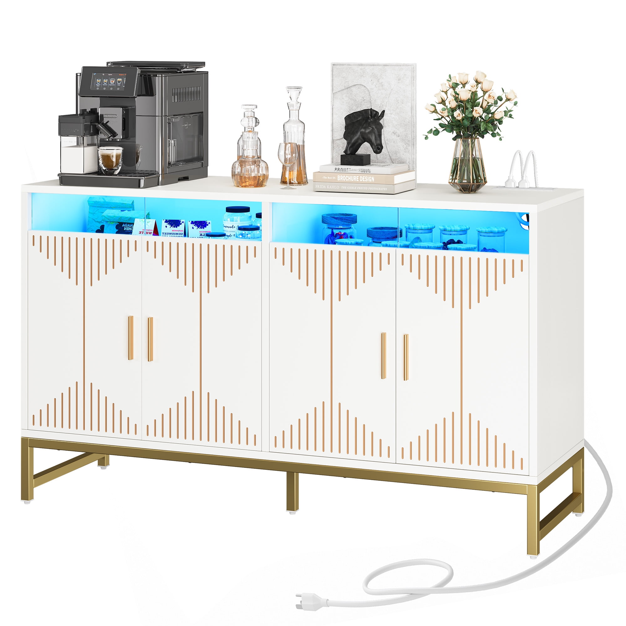Uforic 55" Buffet Sideboard Cabinets with LED Light, Modern Coffee Bar Cabinet with Power Outlet, Kitchen Storage Cabinet with 4 Door & Open Storage, Accent Cabinet Cupboard Console Table