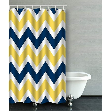 Artjia Navy Blue And Yellow Chevron Zigzag Pattern Bathroom Shower