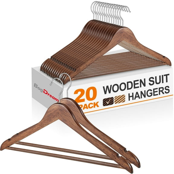 BagDream Wooden Coat Hangers 20 Pack Walnut Wood Suit Clothes Hangers with Non Slip Pant Bar & 360° Swivel Hook