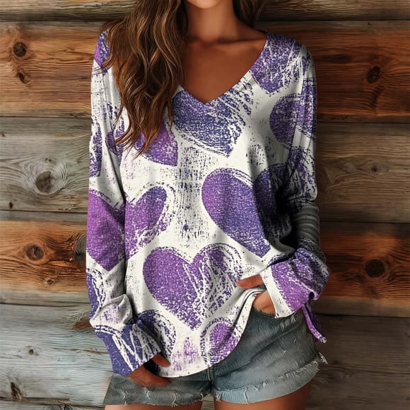 Uootdi Boho Tops for Women Love Heart Printed Graphic Long Sleeve Shirts Vintage Lightweight Casual Loose Graphic Blouses Gift
