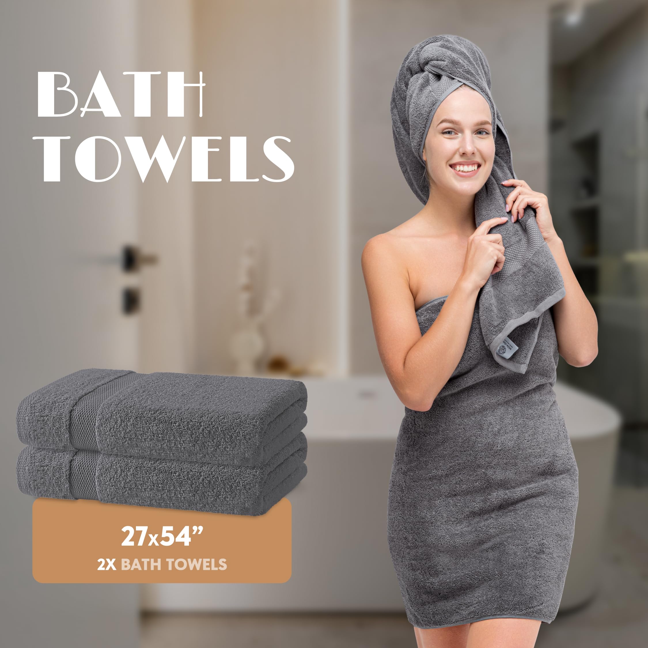 White Classic Gray Bath Towel Set of 6 - 100% Cotton Highly Absorbent Towels for Bathroom, 2 Luxury Bath Towels 650GSM, 2 Hand Towels, 2 Washcloths