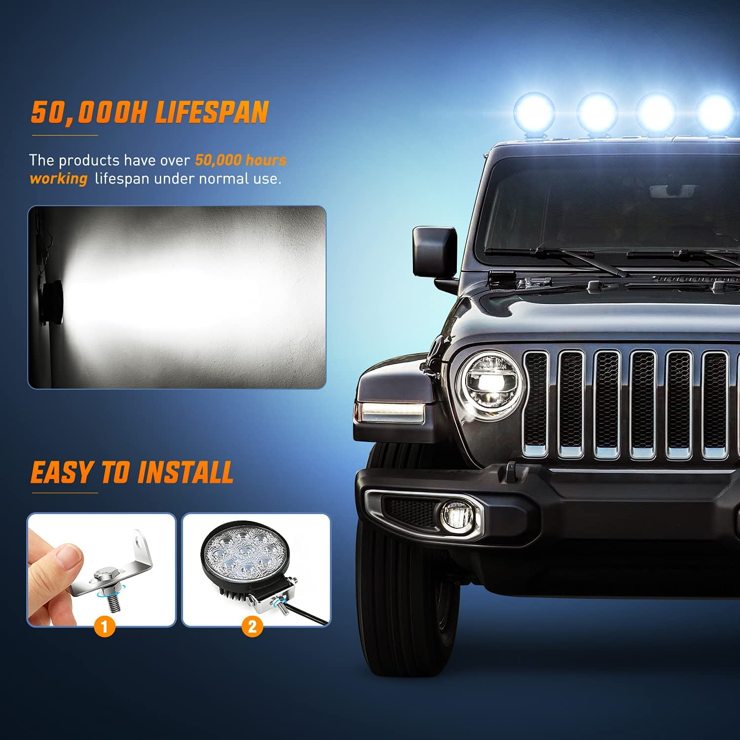 Nilight 2Pcs 27W Round Flood Driving Lamp Waterproof Jeep Off Road Fog Lights with Off Road Wiring Harness- 2 Leads