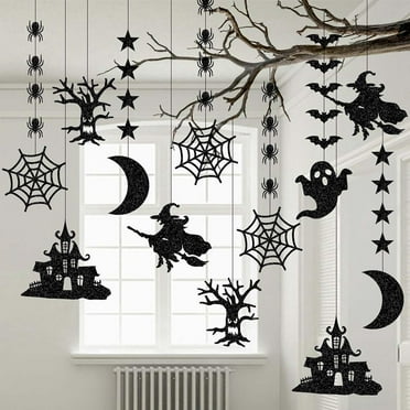 Husfou Black Halloween Hanging Banner Decorations, 12 Pack Bat Witch Spider Streamers Garland, Wall Decor Party Props for Halloween Indoor Party Supplies