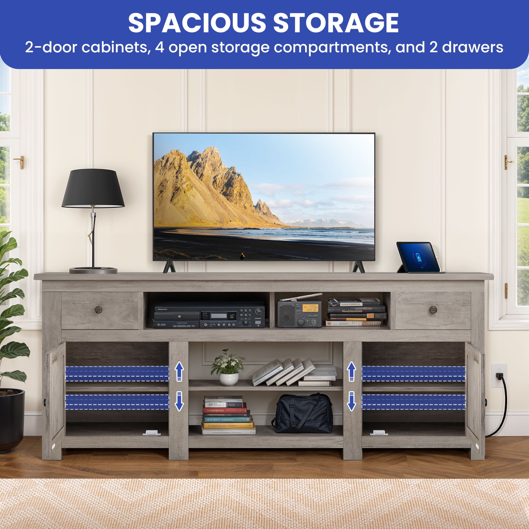 Uforic Farmhouse TV Stand for 75/80 Inch TV, Rustic Entertainment Center with Power Outlet, Storage Drawers, TV Console for Living Room, Gray